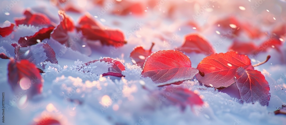 Poster final red leaves blanketed by snow in winter. copy space image. place for adding text and design