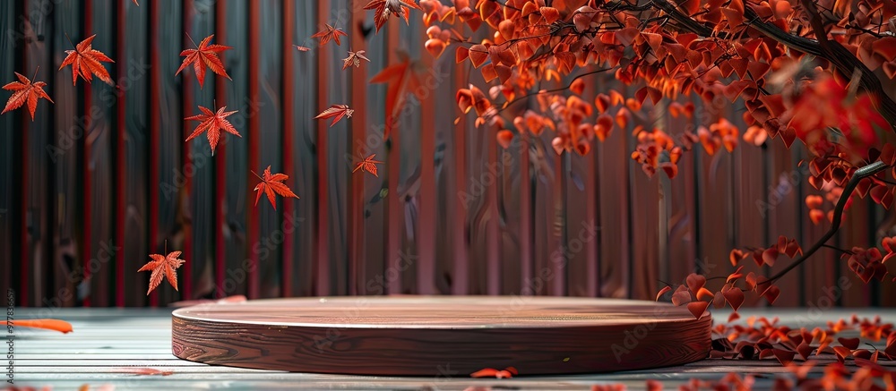 Poster wooden podium featuring autumn red leaves simple aesthetic backdrop for product display. copy space 