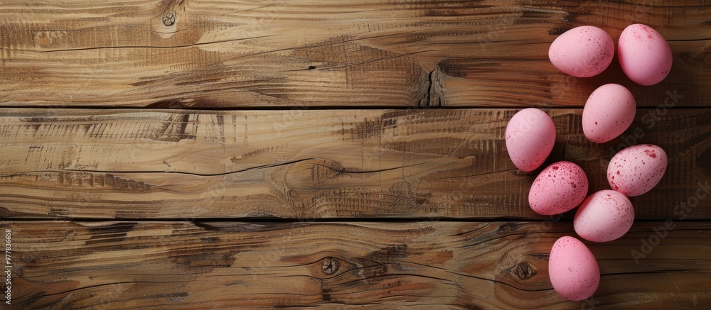 Aufkleber pink easter eggs decorated on a wooden background top view. copy space image. place for adding text 