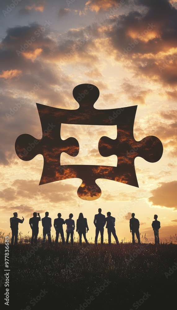 Poster collaborative business team meeting unity through jigsaw puzzle concept for effective teamwork