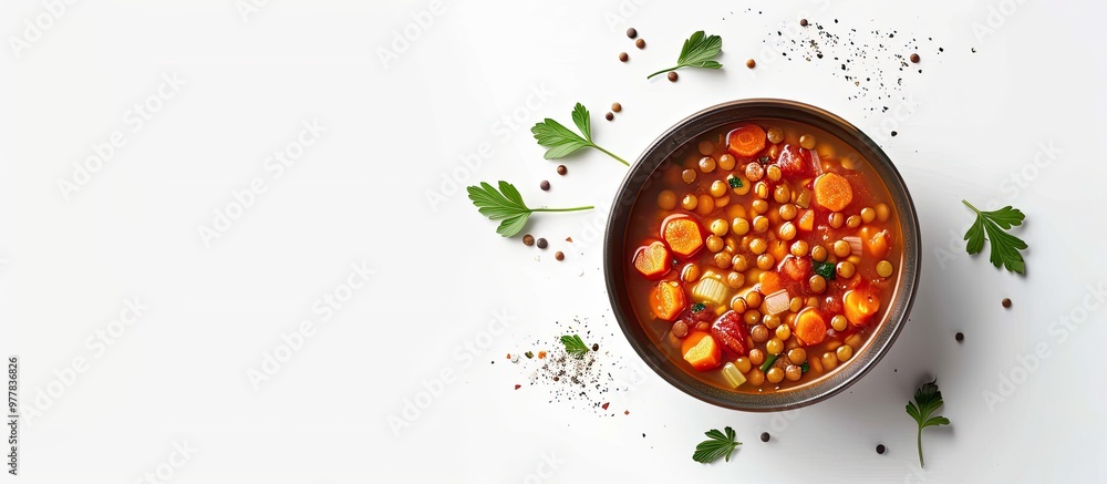 Canvas Prints Bowl of lentil soup with vegetables on a white background Top view Copy space