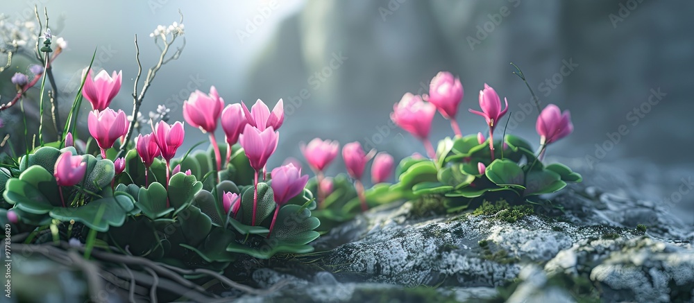 Poster close up of pink cyclamen in a natural setting. copy space image. place for adding text and design