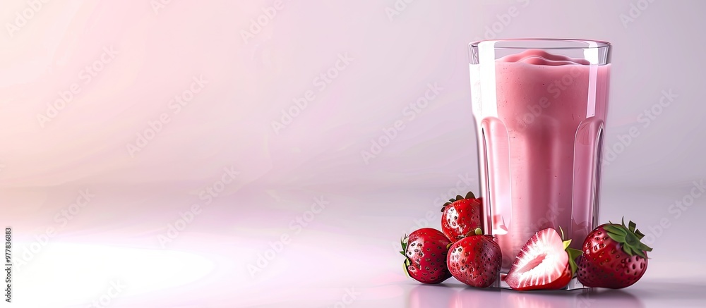 Poster fresh korean strawberry milk with strawberry compote sauce in a glass against a bright white backgro
