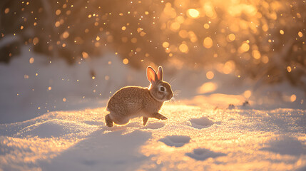 A rabbit hopping across a frosty garden leaving tiny paw prints in the snow as the early morning sun casts a golden glow over the scene.