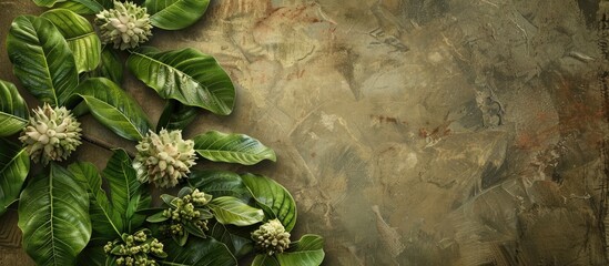 Noni tree advantageous on a natural background texture. Copy space image. Place for adding text and design