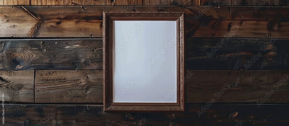 Aufkleber blank frame for a photo or text on a white sheet against a dark wooden background a simple wooden fr
