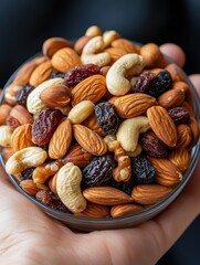 A hand holding a glass bowl filled with a mix of almonds, cashews, walnuts, and raisins, offering a healthy, nutritious snack option perfect for promoting healthy eating or diet-related content,