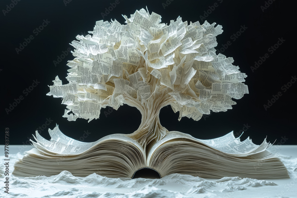 Poster a tree with leaves made of pages from a book, symbolizing the connection between nature and knowledg