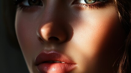 Fototapeta premium Close-up of a woman's face with sunlight illuminating her cheek and lips