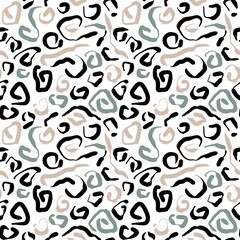 Seamless abstract geometric pattern. Background in black, beige, blue, white. Illustration. Lines, meanders. Design for textile fabrics, wrapping paper, background, wallpaper, cover.