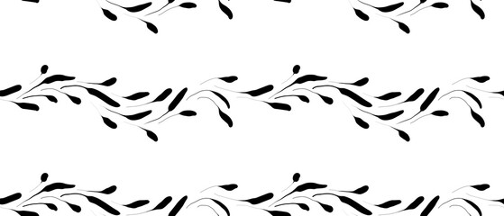 Seamless abstract botanical pattern. Simple background with black,  white texture. Digital brush strokes. Plants, leaves. Design for textile fabrics, wrapping paper, background, wallpaper, cover.