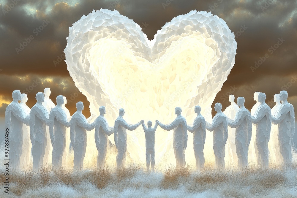 Poster figures standing together in front of a glowing heart shaped cloud symbolizing unity spiritual conne
