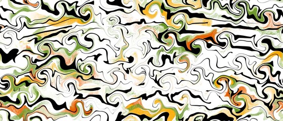 Seamless abstract textured pattern. Black, orange, green, yellow, white. Digital brush strokes. Lines, curves. Design for textile fabrics, wrapping paper, background, wallpaper, cover.