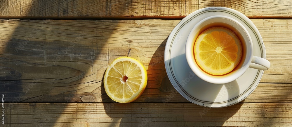Poster tea cup with lemon on a wooden table viewed from above. copy space image. place for adding text and 
