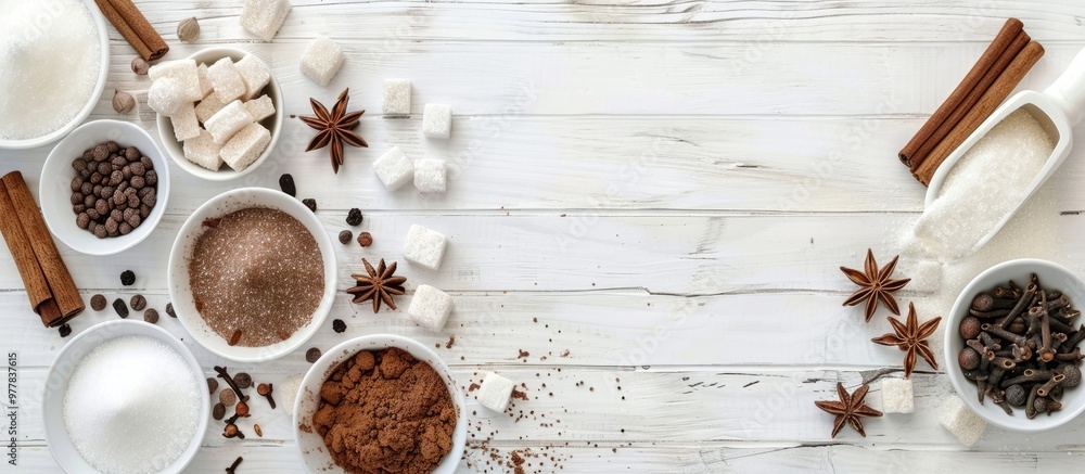Poster dessert spices and sugar assortment on a white wooden table background. copy space image. place for 
