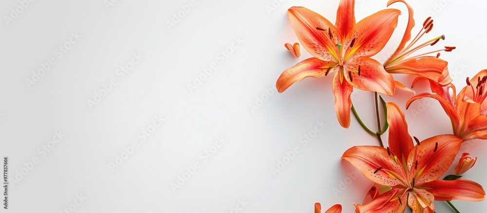 Poster lily flower set against a white background. copy space image. place for adding text and design