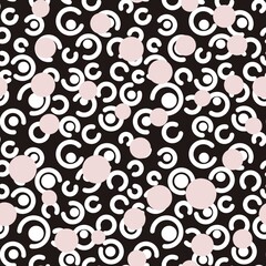 Seamless abstract textured pattern. Simple background black, pink, white. Circles, dots, arcs, lines. Digital brush strokes. Design for textile fabrics, wrapping paper, background, wallpaper, cover.