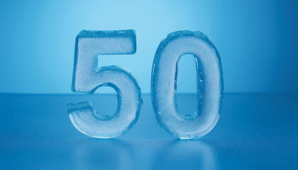 Banner with ice number 50 on blue backdrop. Frozen water. 3D rendering.