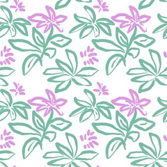 Seamless abstract botanical pattern. Simple background with green, purple, white texture. Digital brush strokes. Flowers. Design for textile fabrics, wrapping paper, background, wallpaper, cover.