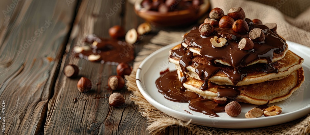Poster pancakes topped with chocolate spread and hazelnuts served on a white plate on a wooden background. 