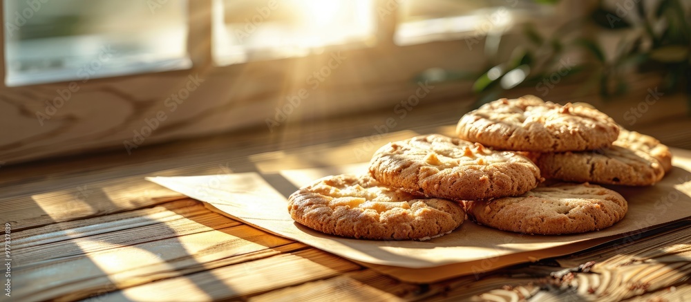 Poster background of freshly baked homemade cookies on colored cardboard illuminated by sunlight. copy spac