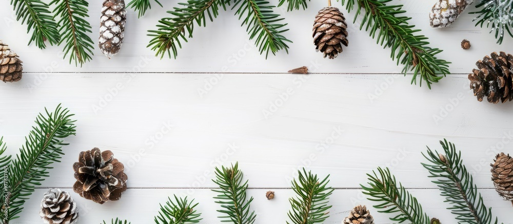 Wall mural Christmas arrangement border Green gift for Christmas fir branches and cones on a white wooden background top view Flat lay copyspace