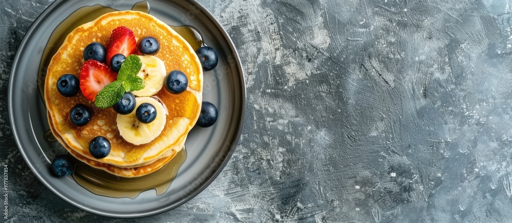 Poster buttermilk pancakes topped with banana blueberries and honey on a concrete surface top view with cop