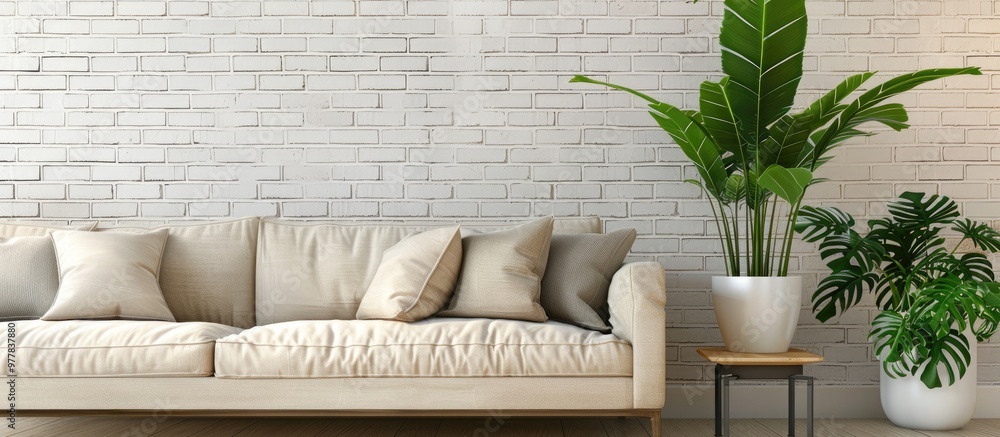 Poster sofa houseplant and table positioned by a white brick wall in a room s interior. copy space image. p