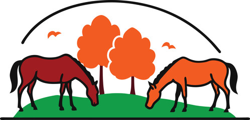 Serene Fall Pasture with Horses Grazing Vector Illustration for Home Decor
