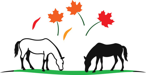 Autumn Pasture with Horses Grazing Vector Illustration for Farm Scenes
