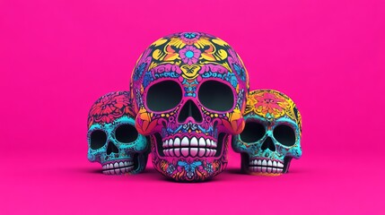 Vibrant Day of the Dead skulls with intricate patterns on a bright pink background. Celebrating Mexican culture and art in festive colors.