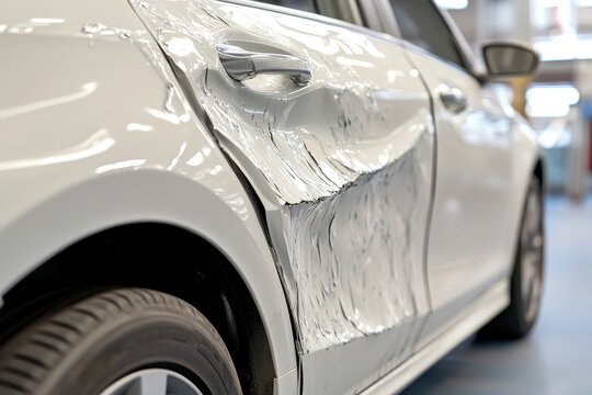 Transformation of a damaged white car  auto body repair before and after with close up details - Powered by Adobe