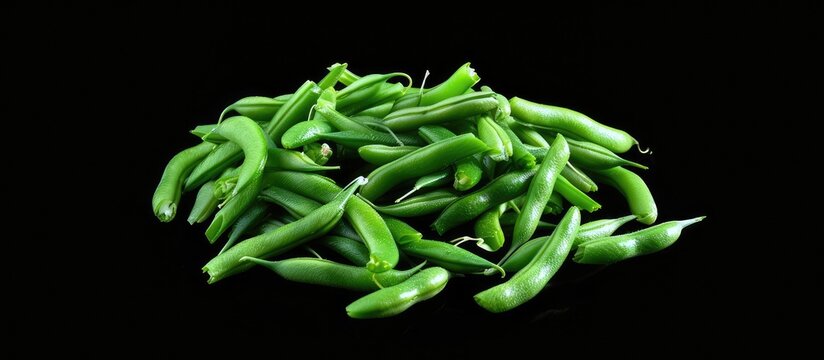 A top view of a pile of raw green beans haricot on a black background. Copy space image. Place for adding text and design