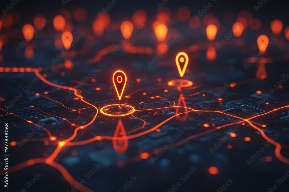 Poster abstract map with location pins on dark background ai and big data concept in 3d illustration