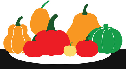 Colorful Gourds and Squash Harvest Display on Table Vector Illustration
