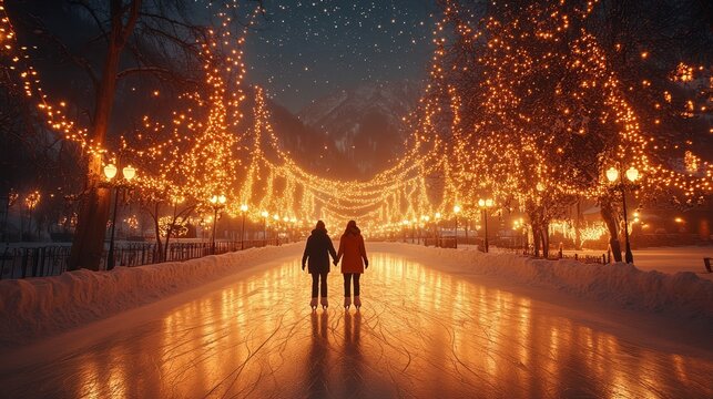 Couple ice skating hand in hand under twinkling starlit sky at a charming outdoor rink surrounded by glowing string lights - Powered by Adobe