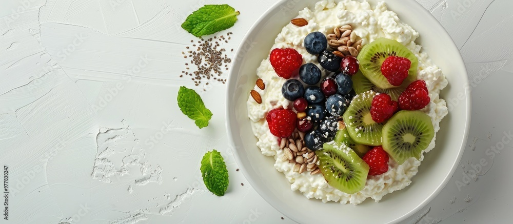 Aufkleber breakfast features cottage cheese with berries kiwi nuts and chia seeds in a white bowl top view. co