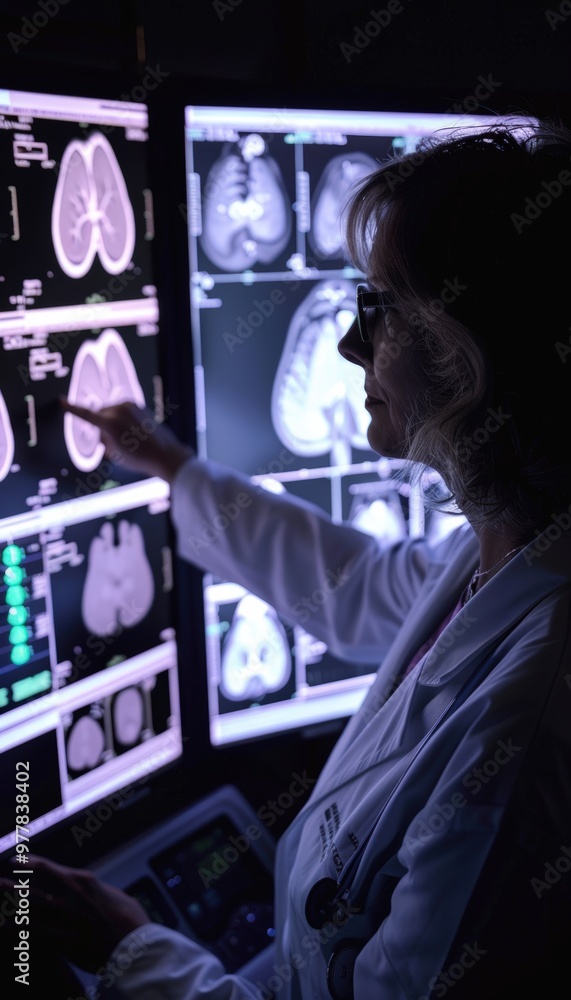 Poster radiologist zooming in on mammogram images using advanced touchscreen interface in a dimly lit room