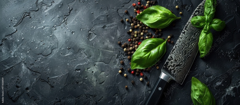 Canvas Prints Culinary context Basil black pepper and a kitchen knife on a black background Space available for text. Copy space image. Place for adding text and design