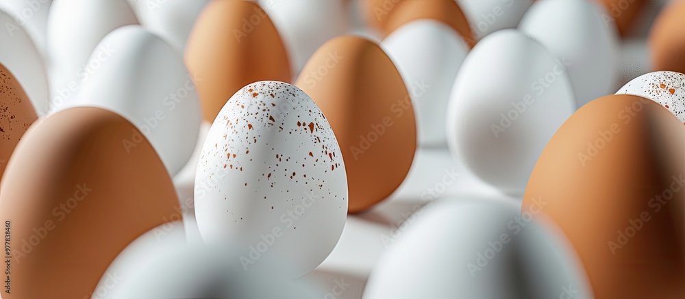 Poster macro perspective of brown and white eggs against a white background. copy space image. place for ad