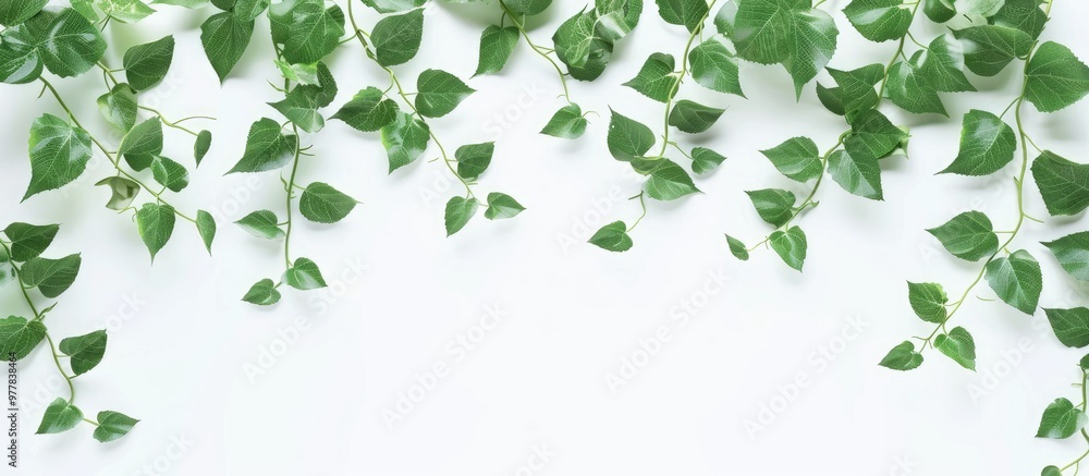 Poster images of green leaves set against a white background. copy space image. place for adding text and d