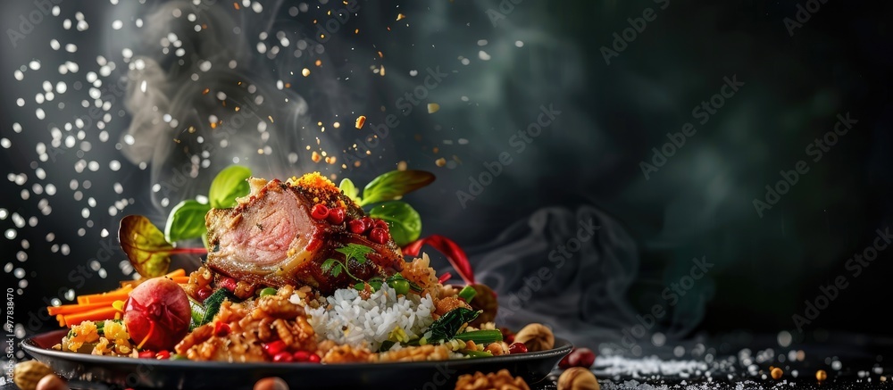 Poster roasted pork shoulder served with rice chard and nuts. copy space image. place for adding text and d