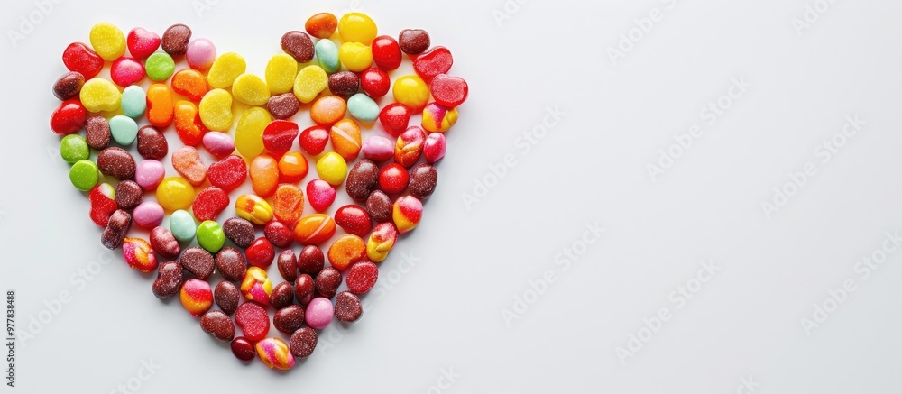 Poster heart shaped from sweet candies on a white background top view. copy space image. place for adding t