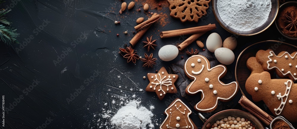 Poster christmas gingerbread cookies and cooking ingredients arranged on a black table from a top view a fe