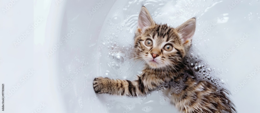 Poster adorable tabby kitten taking a bath at home top view blank space for text. copy space image. place f