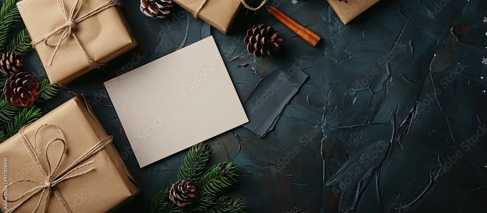 Poster lovely christmas presents and a blank card on a dark backdrop. copy space image. place for adding te