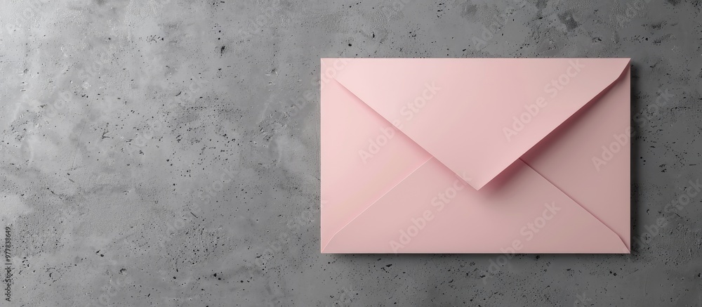 Poster top view of a pink envelope and a white card on a grey background flat lay of posts copy space