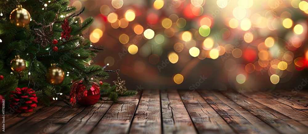 Poster christmas tree and decorations against a backdrop of lights with space for text. copy space image. p