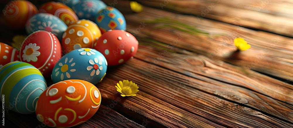 Aufkleber vibrant easter eggs on a wooden table. copy space image. place for adding text and design