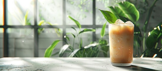 Soft Drink a glass of iced latte coffee beside a window featuring green plants outside. Copy space image. Place for adding text and design